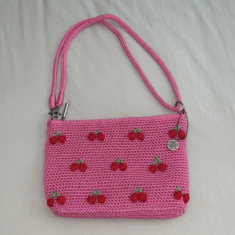 The Sak Pink Crochet Mini Bag with Cherry Design